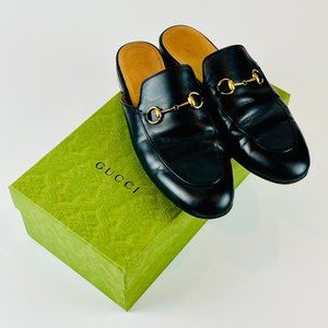 Gucci Princetown Mules Women's EUR 41 / US 10.5 Leather Blk Gold Horsebit Slide